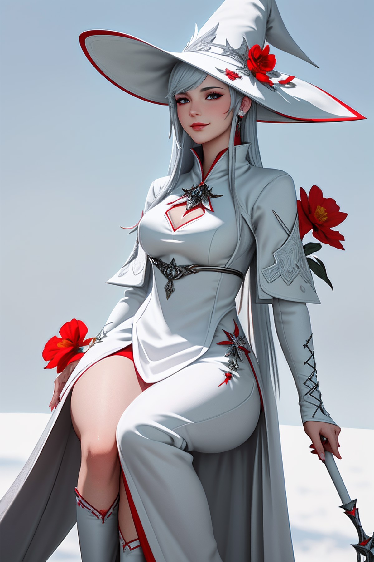 ((Masterpiece, best quality,edgQuality)),smug,smirk,
edgWHM, white mage robe, a woman in a silver dress with red flowers ,...